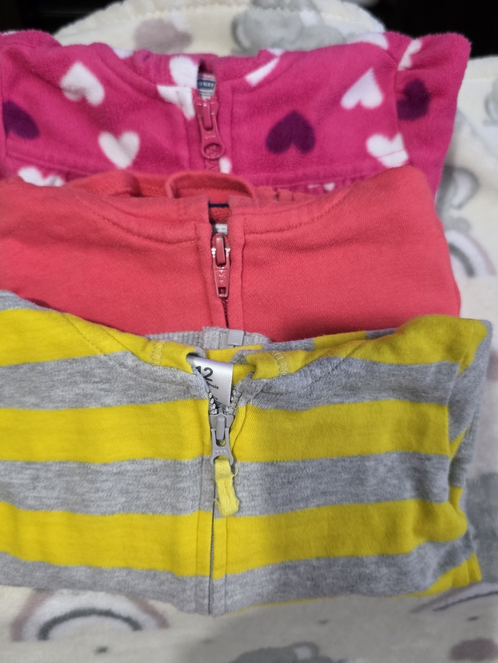 Baby/Toddler Zip-Up Onesies - Yellow Gray Stripe, Coral, Pink Heart Fleece